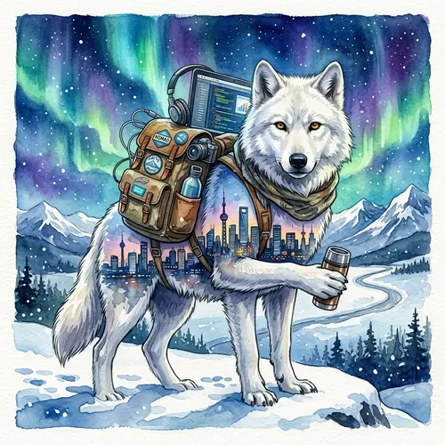 Digital Nomad Arctic Wolf Watercolor Illustration