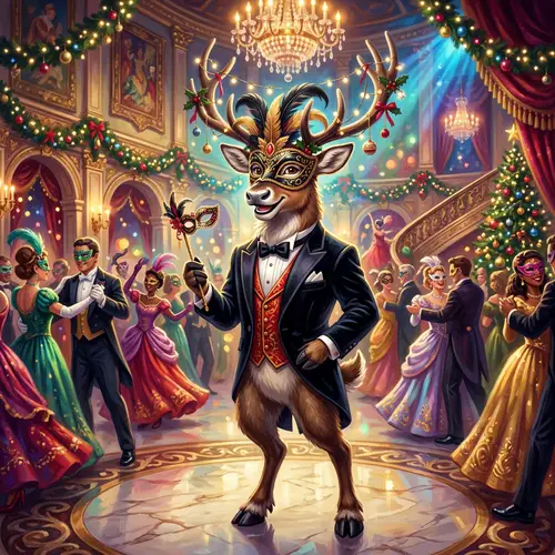 Festive Reindeer in Tuxedo at Masquerade Ball