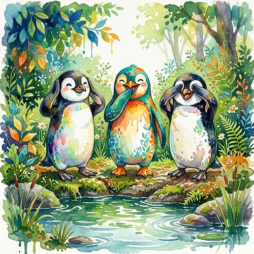 Whimsical Watercolor Penguins: Nature-Inspired Art