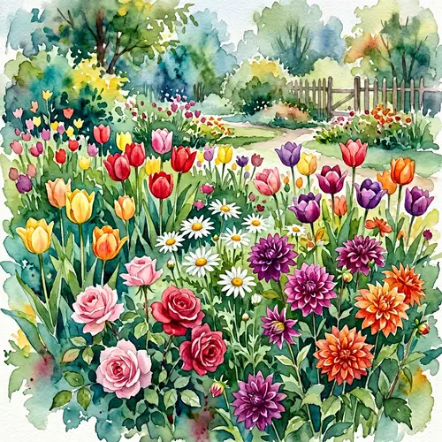Vibrant Flowers Watercolor Painting | Tranquil Garden Scene