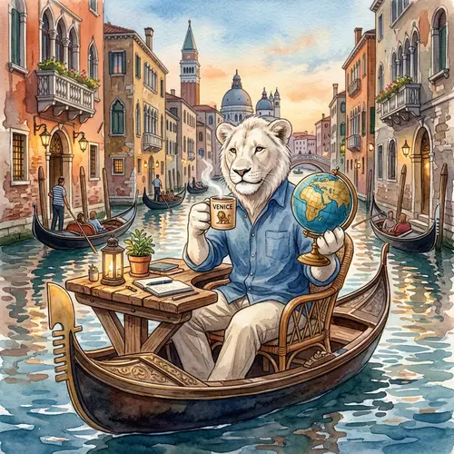 Charming White Lion in Venice - Digital Watercolor Art