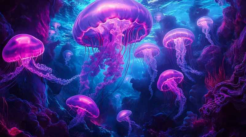 Enchanting Underwater Realm of Glowing Jellyfish Enchanting Underwater Realm of Glowing Jellyfish