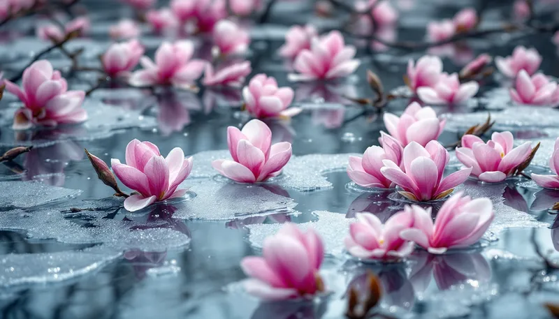Magnolia Flowers on Icy Water: A Stunning View