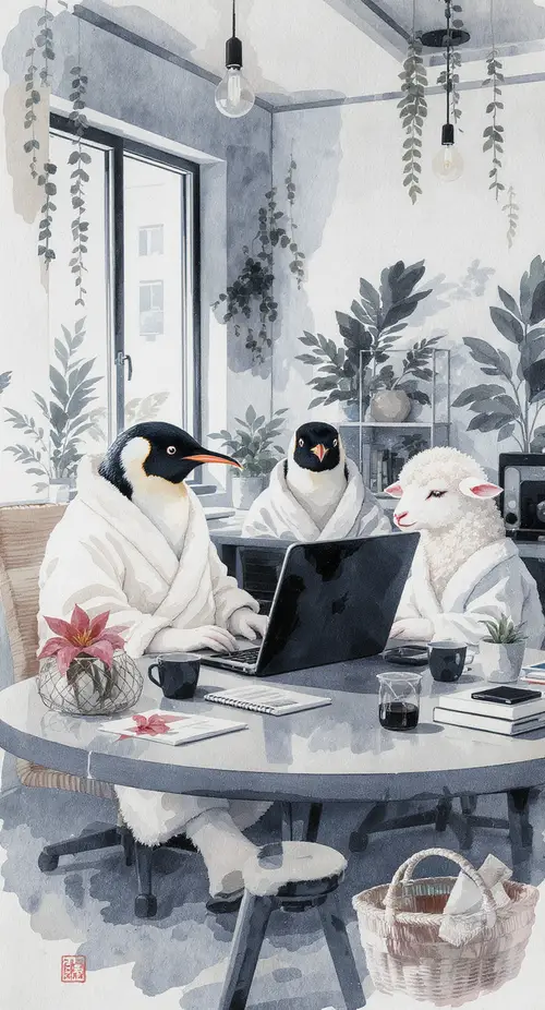 Penguins and Lambs in Coworking Space Art