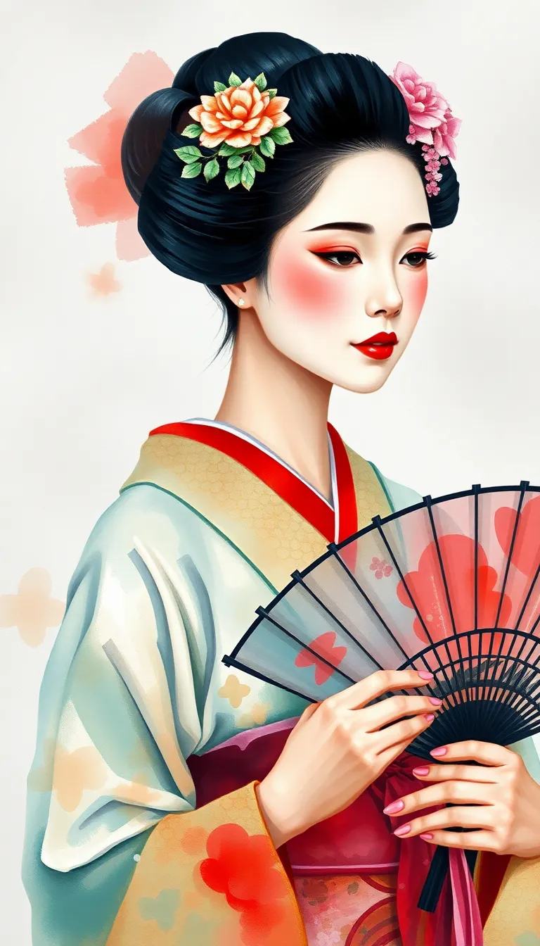 Elegant Geisha in Traditional Kimono Art Elegant Geisha in Traditional Kimono Art