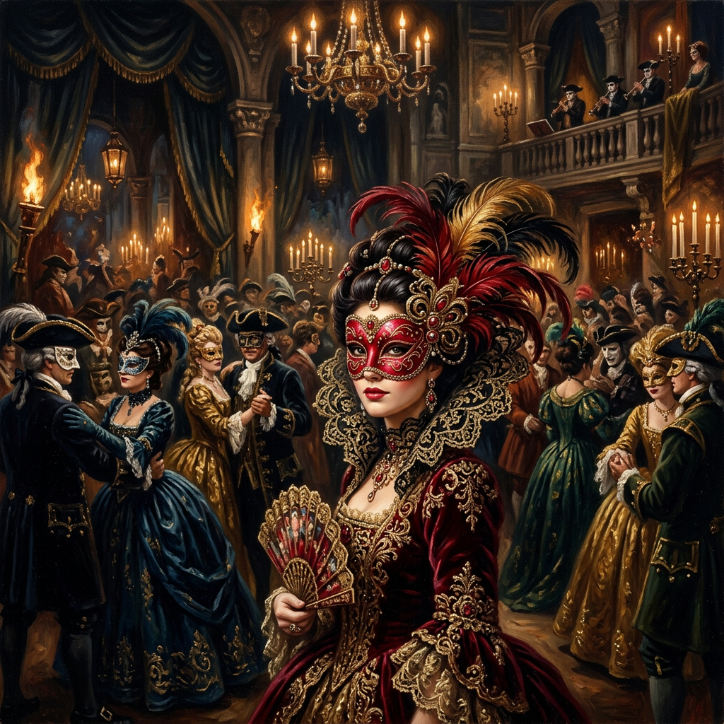 Captivating Venetian Masquerade with Red Mask | AI Art Generator