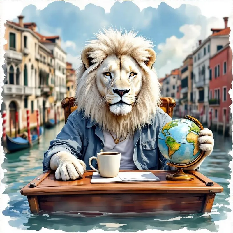 Charming White Lion in Venice - Digital Watercolor Art