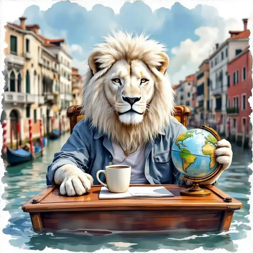 Charming White Lion in Venice - Digital Watercolor Art