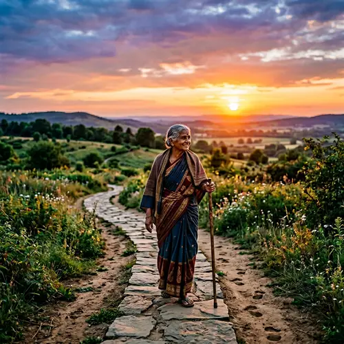 No Regrets in Life: Serene Sunset Landscape with Elderly Person