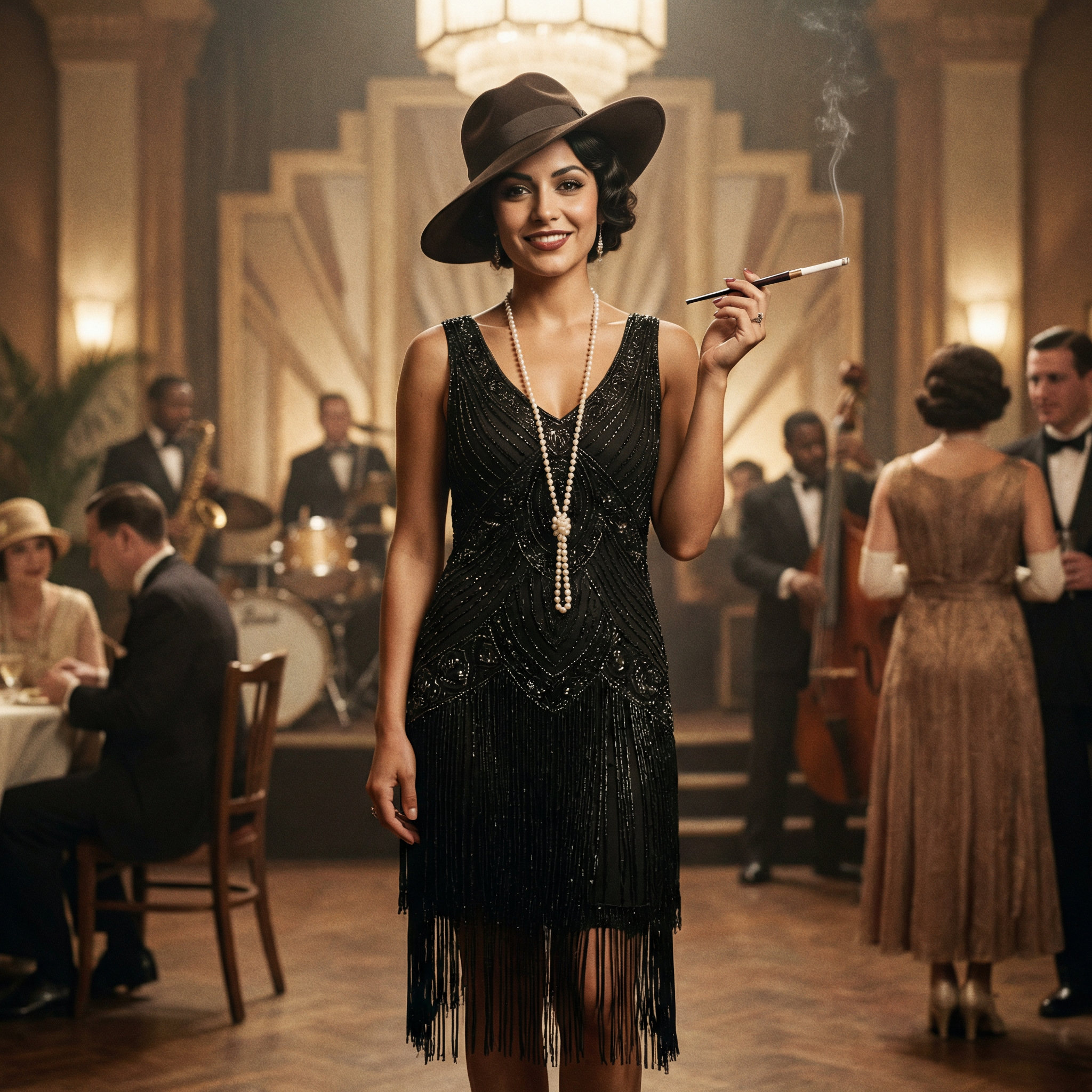 1920s dress casual 1920s Style Day Vintage Glamour: Confident Woman In 1920s Fashion AI Art The Wilshire is a striking 1920s style day dress crafted in a lovely black woven blend with stunning ivory cream details Vintage 192s Dress Casual Womens