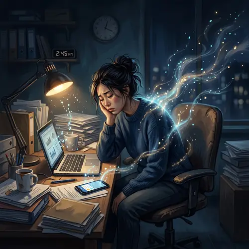 Asian Woman Losing Energy: Concept Illustration