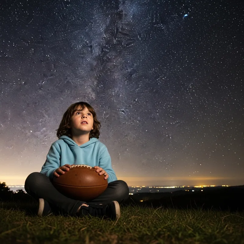 Child Gazing at Stars While Holding Football