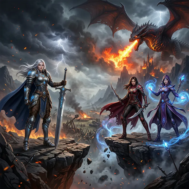 Epic Fantasy Warrior Women vs. Colossal Dragon Banner Epic Fantasy Warrior Women vs. Colossal Dragon Banner