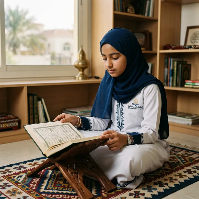 Omani Girl Reading Quran in School Uniform