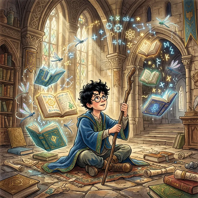 Whimsical Fantasy Scene with a Young Wizard