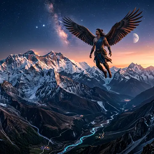 Fantasy Mountain Landscape with Winged Humanoid | Alien Twilight