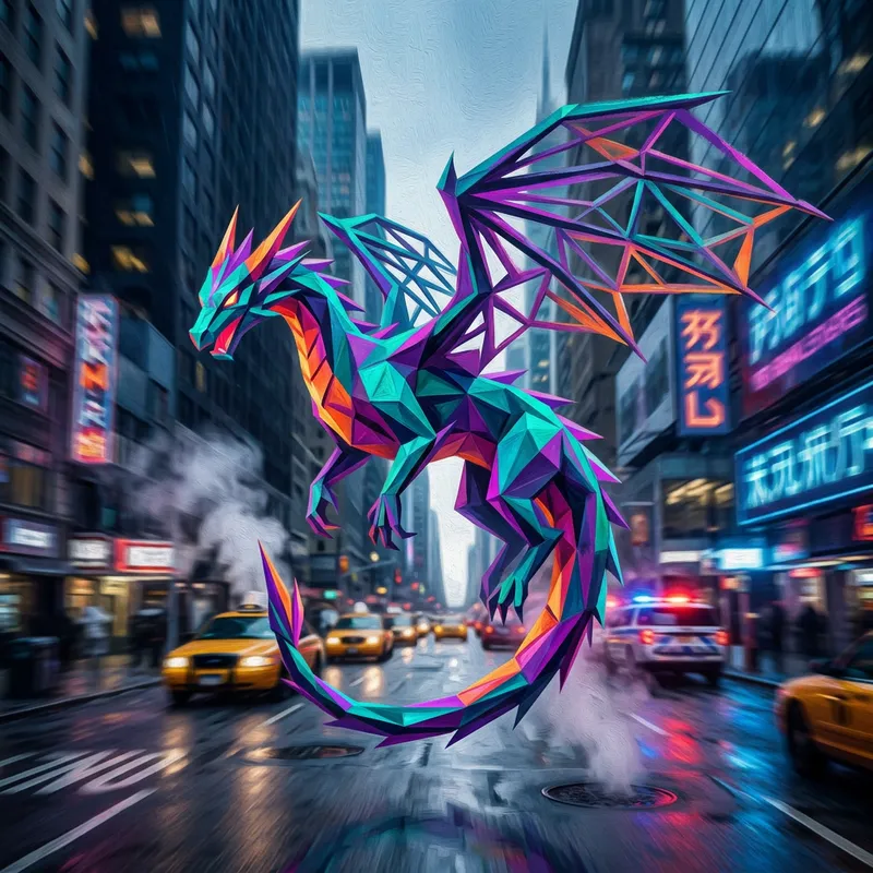 Dynamic Polygonal Dragon Art in Cyberpunk Style | NYC Streets