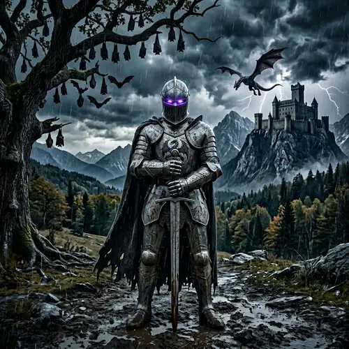 Epic Silver Knight Art: Defiant Warrior Amidst Fantasy Landscape