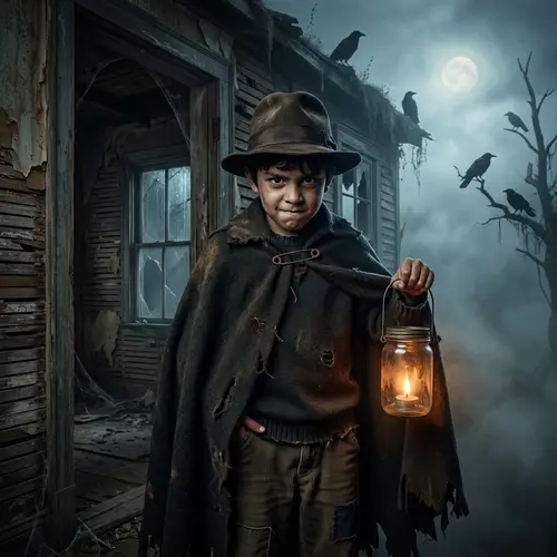 Spooky Boy in Chilling Costume at Abandoned House