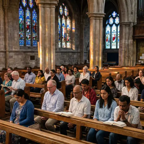 Diverse Church Congregation at Serene Stone-Built Church