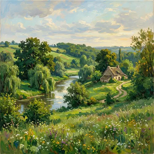 Impressionist Landscape Painting in Rich Green Tones