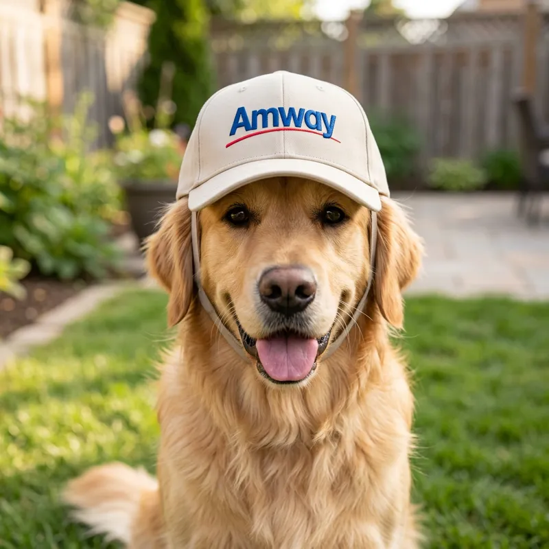 Dog in Amway Logo Cap with Style