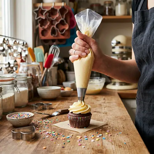 Decorative Buttercream Frosting on Cupcake | Baking Utensils Background