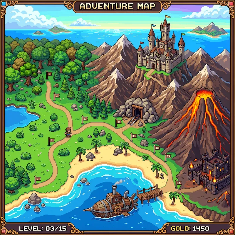 Pixel Art Adventure: Top-Down Level Selector Scenery