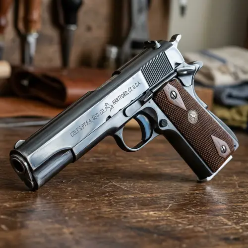 Detailed Close-Up of Classic Colt 1911 Pistol | Metal Polish Finish