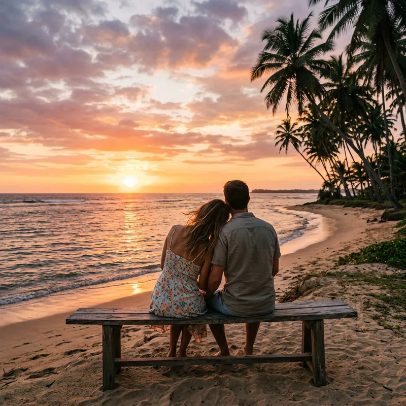 Sunset Beach Couple on a Bench