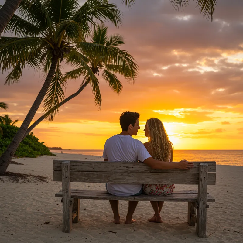 Sunset Beach Couple on a Bench