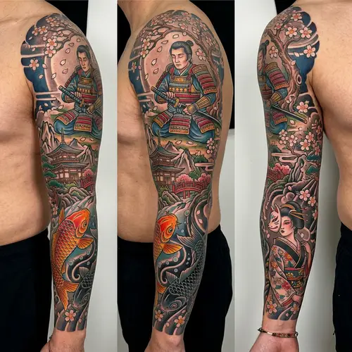 Colorful Samurai Tattoo Design with Japanese Cherry Blossom Theme