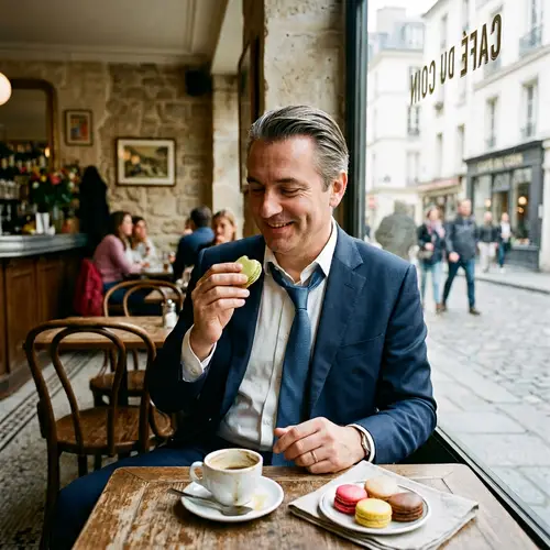 Middle-Aged Politician Savoring French Macaron in Casual Setting