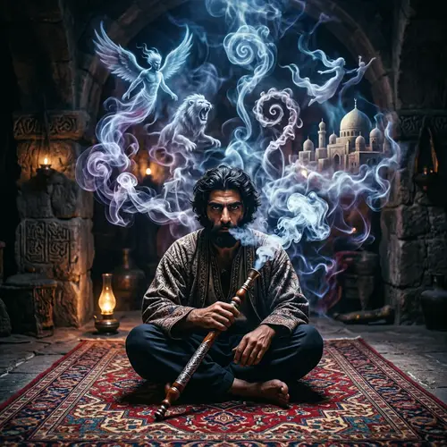 Surreal Middle-Eastern Man Amid Smoke: Fantasy Dream Scene