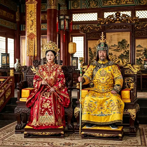 Traditional Chinese King and Queen in Majestic Attire