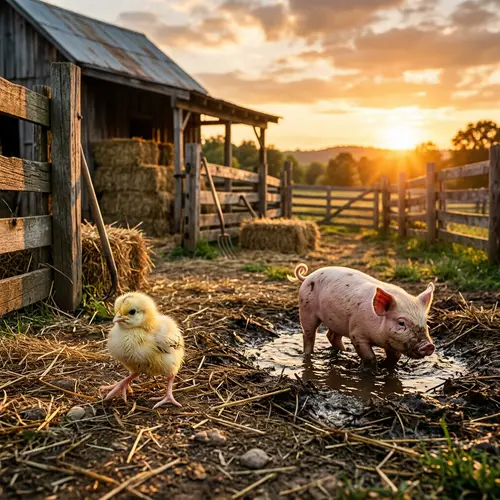 Baby Chick and Piglet in Rustic Farm Setting