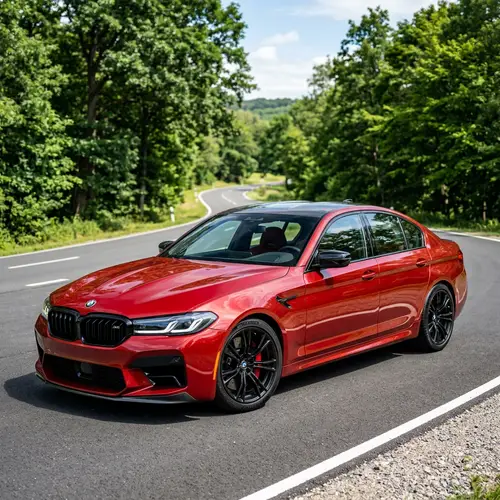Luxurious Red BMW M5 Parked on Clean Asphalt Road