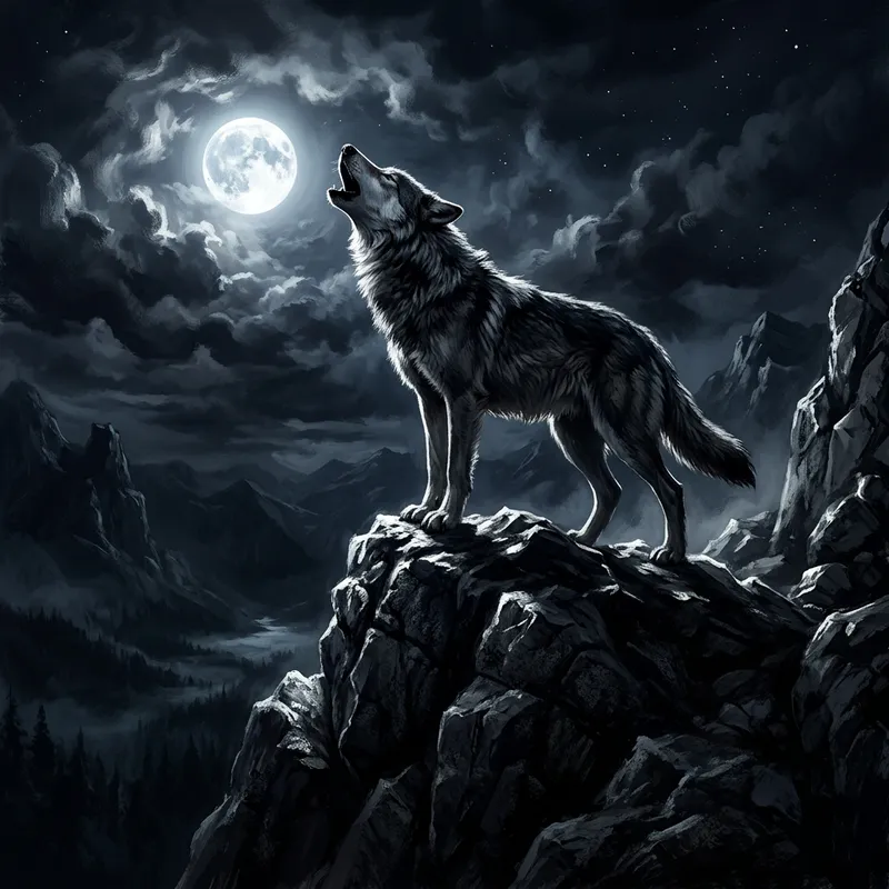 Dramatic Wolf Howling at the Moon | Chiaroscuro Art