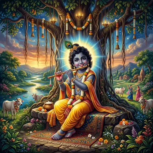 Divine Child Krishna - Traditional Indian Flute Player