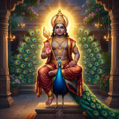Lord Subramanya: Divine Figure on Peacock | Vibrant Brilliance