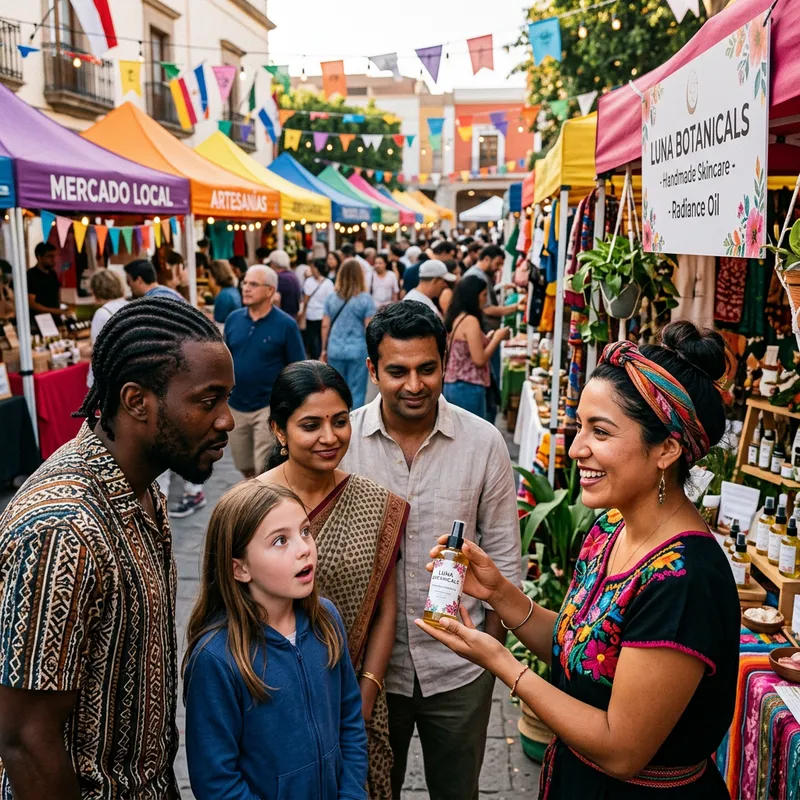 Captivating Marketplace Display: Woman Introducing New Beauty Essential