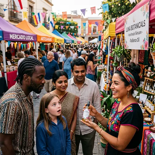 Vibrant Marketplace Scene: Woman Showcasing Newly Launched Beauty Product