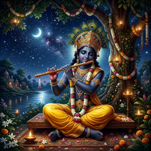 Lord Krishna - Divine Melody in Serene Night Sky