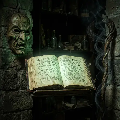 Sinister Mystical Power: Ancient Tome, Wooden Mask, and Crooked Staff