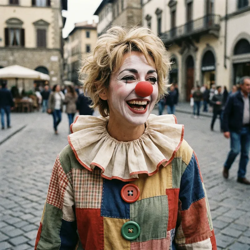 Monica Vitti Dressed as Clown: Expressive Woman in Traditional Attire