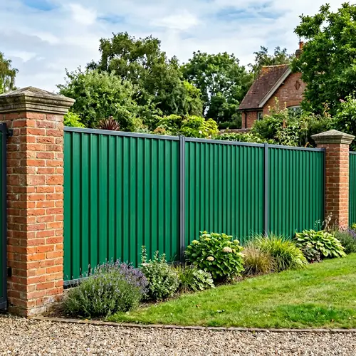 Vibrant Green Metal Fence with Brick Columns | Front View