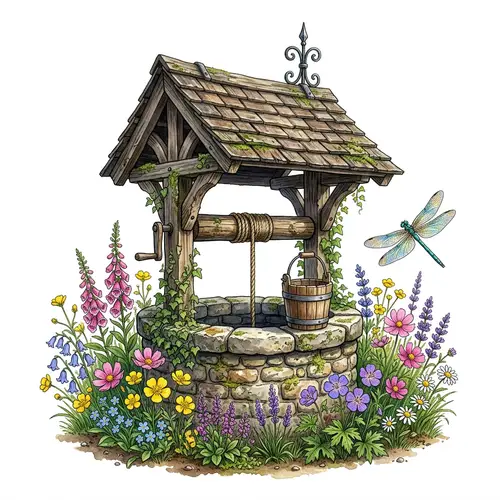 Detailed Old Wishing Well Surrounded by Wildflowers