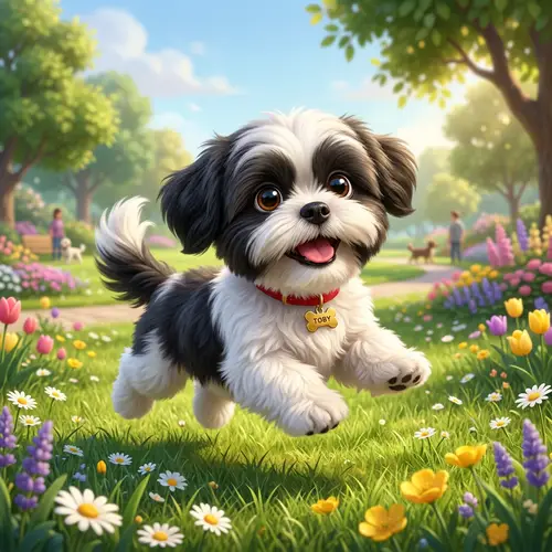Charming Black and White Shih Tzu Puppy | Playful Animation Style
