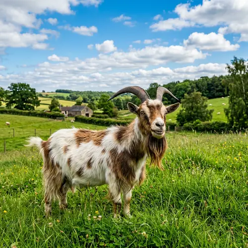 Happy Domestic Goat with Patchy Coat | Tranquil Countryside Scene
