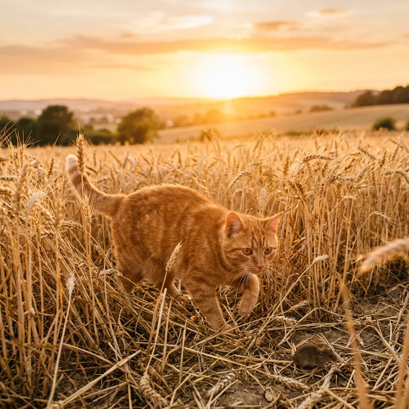 Red-Haired Cat in Wheat Field with Sunshine and Mouse | Wildlife Photography
